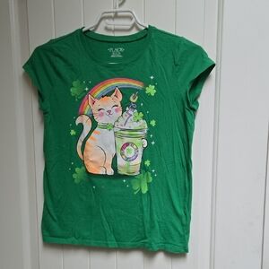 The Children's Place Cotton Green Cat and Rainbow Shirt Short Sleeve St Patrick